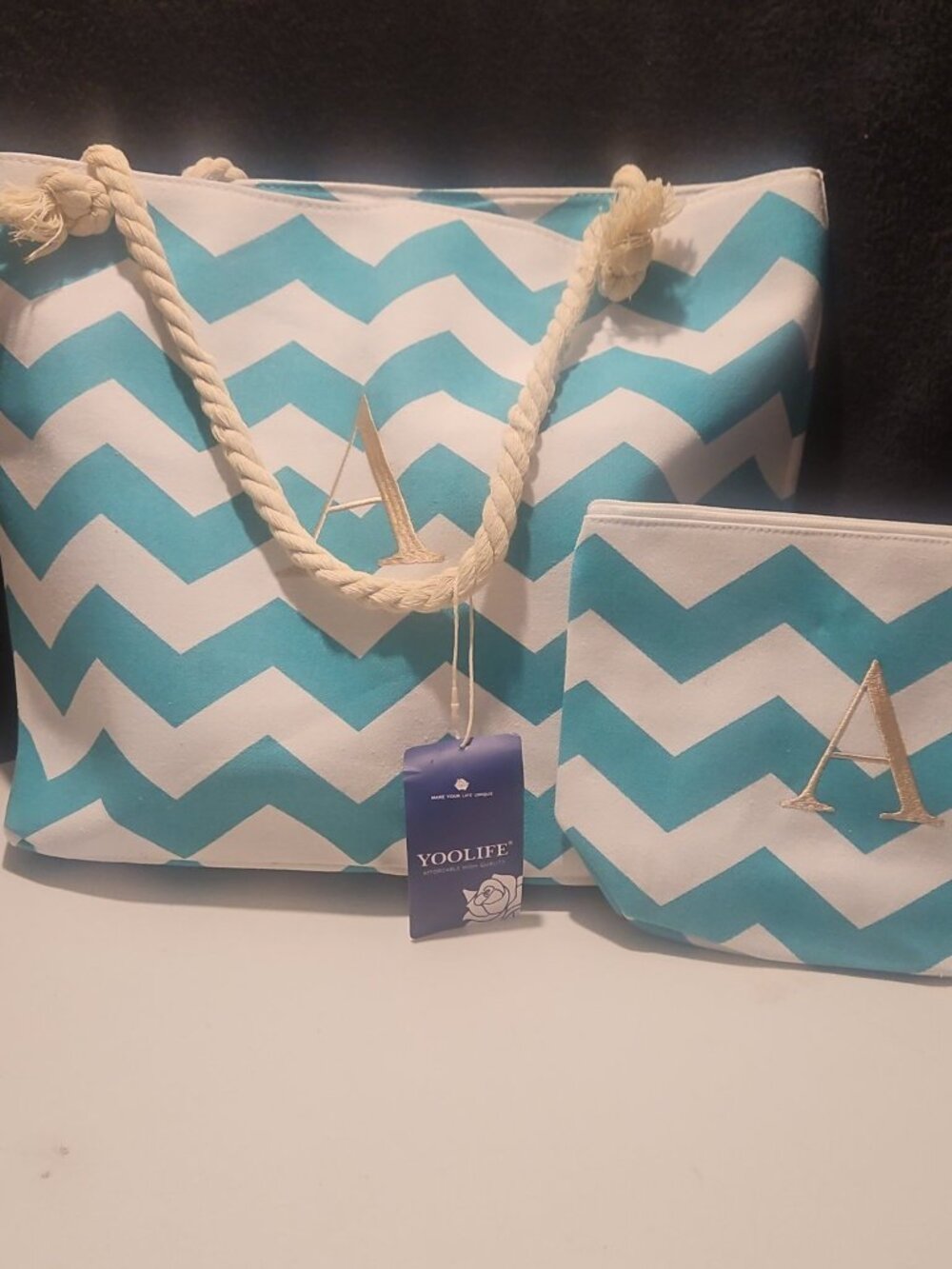 YOOLIFE Teal & White Chevron Canvas Beach Tote Set Initial A NWT